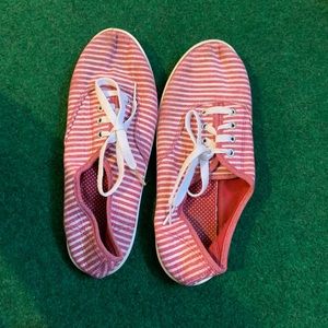 Pink and white canvas shoes